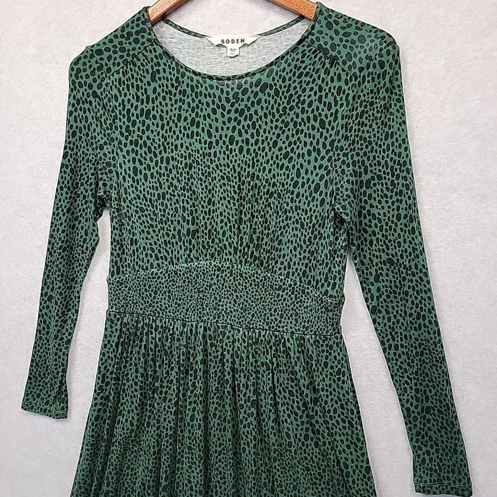 BODEN Long Sleeve Knit Midi Dress Green Black Animal Print Women's UK 10P US 6P